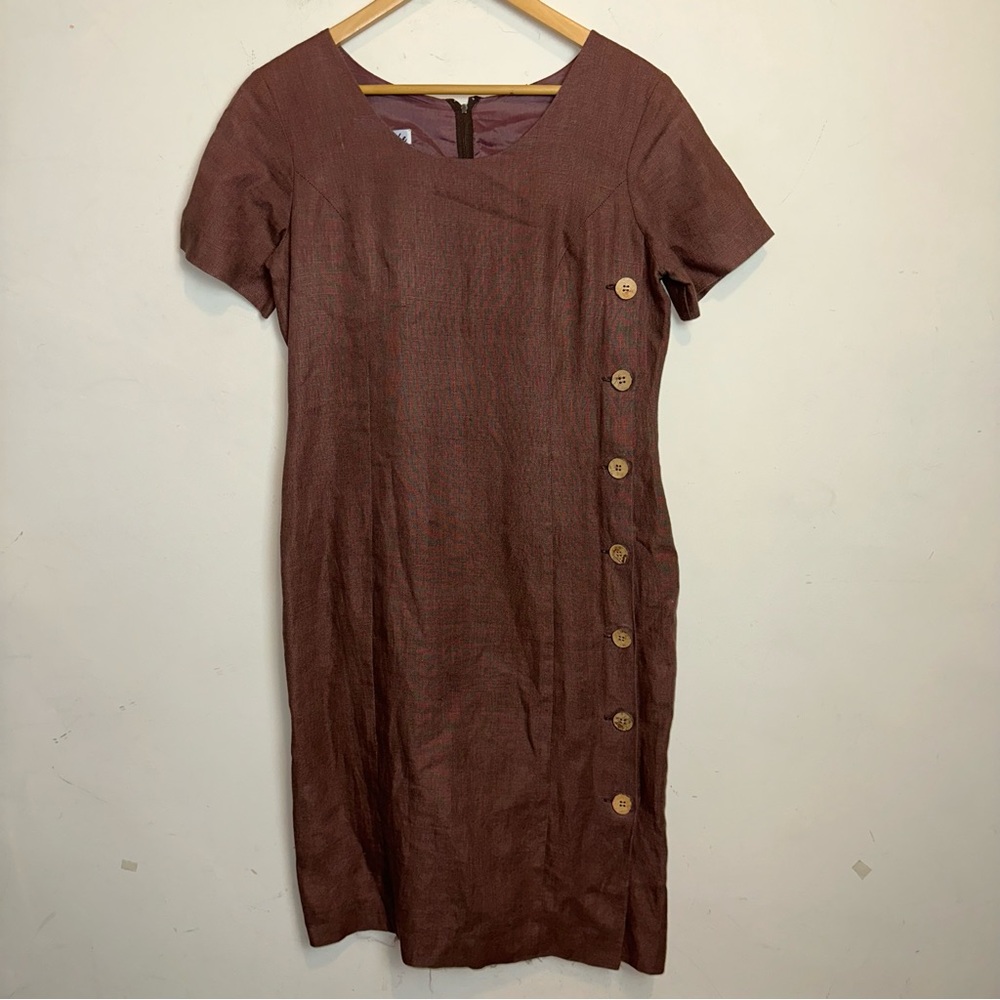 Vintage NY Sake Chocolate Brown 100% Linen Short Sleeve Lined Dress Lagenlook 8